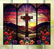 Cross & Flowers Faux Stained-Glass WINDOW CLING Sun-catcher Size 9.1" Vinyl