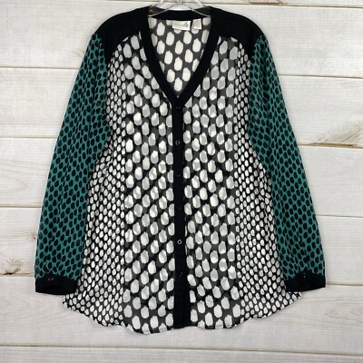 Chico's 2 Sz L Large Shirt Top Black Green Sheer Button Down V Neck Animal Print