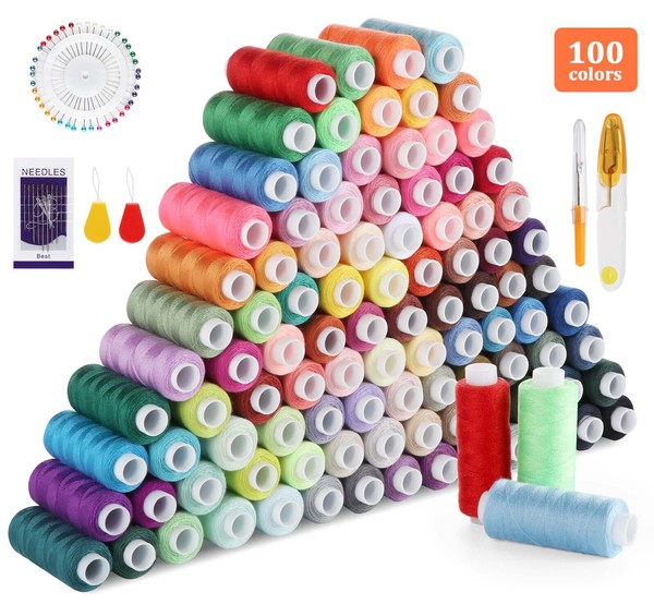 100 piezas hilo de coser hilo de máquina de coser juego de colores bobina de hilo poliéster juego de herramientas de costura