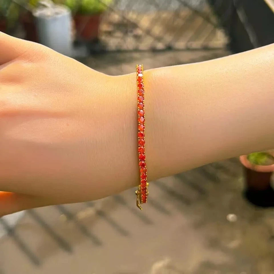 Pulseras Tennis Link 3 mm 6 quilates creadas en laboratorio ópalo de fuego chapadas en oro amarillo de 14 quilates Foto 4 de 4