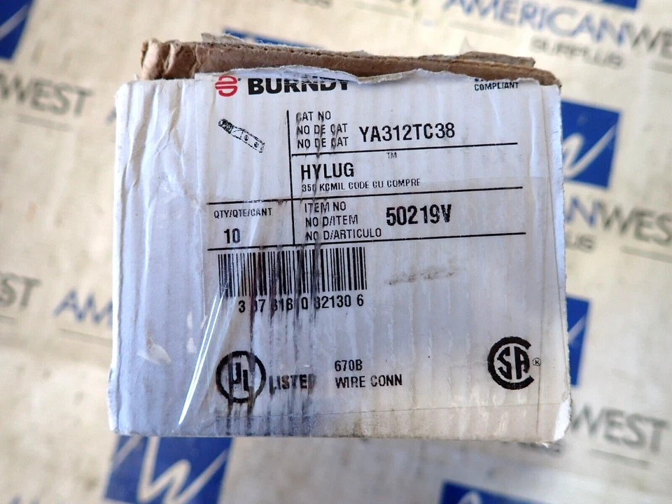 New Burndy YA312TC38 Two Hole Compression Lug Kit Red Die 18/324 Qty 10 In Box - Image 2 of 3