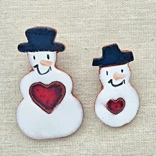 Snowman Brooch Terra Cotta Heart Winter Holiday Christmas Snow Clay Jewelry Pins