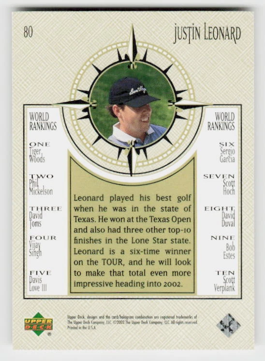 2002 Upper Deck #80 Justin Leonard - Image 2 of 2