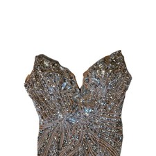 Ashley Lauren Silver & Nude Tan Prom Formal Dress 11236 Side Slit SEQUIN