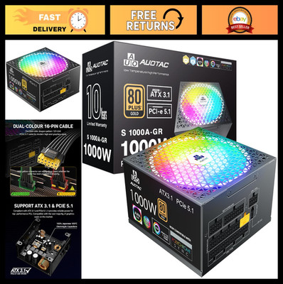 1000W Fully Modular Power Supply, 80+ Gold, ATX 3.1, PCIe 5.1, RGB Fan, Low Nois
