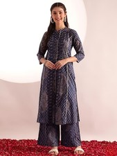 Indian Women Blue Pure Cotton Ethnic Motifs Printed Paneled Kurta With Palazzo