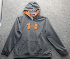 Under Armour Hoodie Youth XL Gray Orange Logo Fleece Lined Long Sleeve Pullover