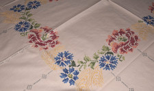 Alte Tischdecke Handbestickt bunte Stickerei mit Spitze 160 x 125 cm (14061)
