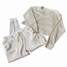 ALO Yoga Muse Matching Set Medium Ivory White Ribbed Crop Hoodie Jogger Pants