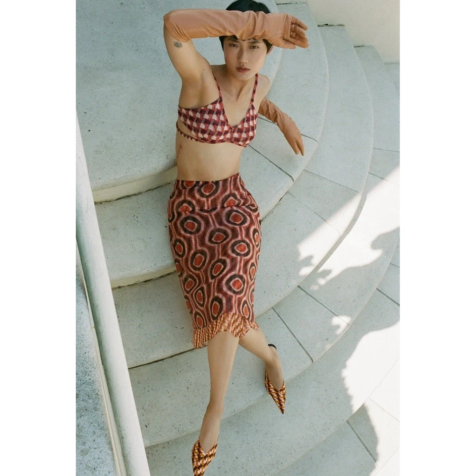 Falda Midi Zara Retro Floral Organza-Capas Malla Cintura Alta-Talla S Romántica Foto 2 de 4