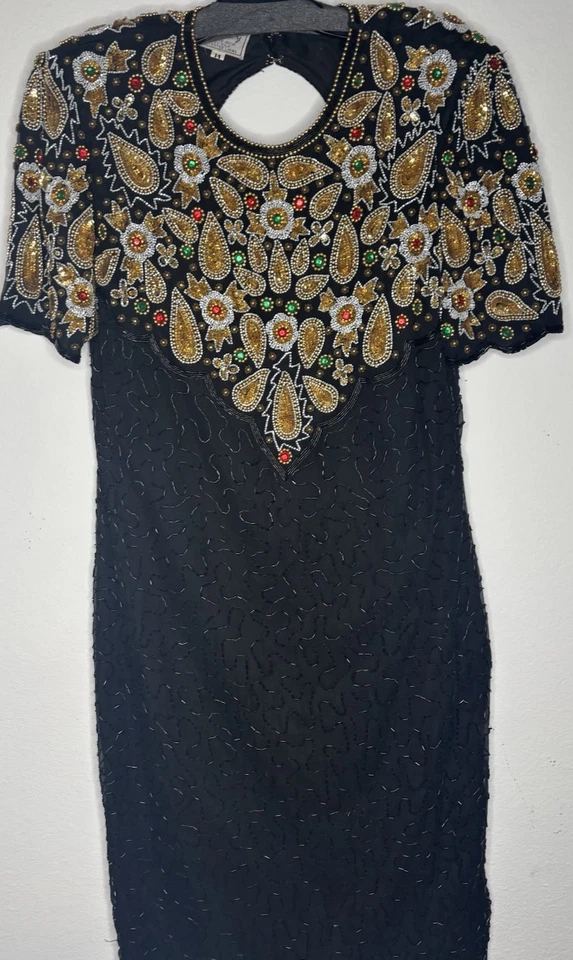 Vestido de noche vintage Stenay talla 14 negro seda lentejuelas ceñido al cuerpo Foto 2 de 4
