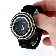 Women's Geneva Quartz Black Clear 6 Rows Crystal Rubber Band Japan Movt.