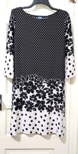 NEW Womens Touch Express BOHO Dress Medium Black Ivory Floral Polka Dot 3/4 Slv