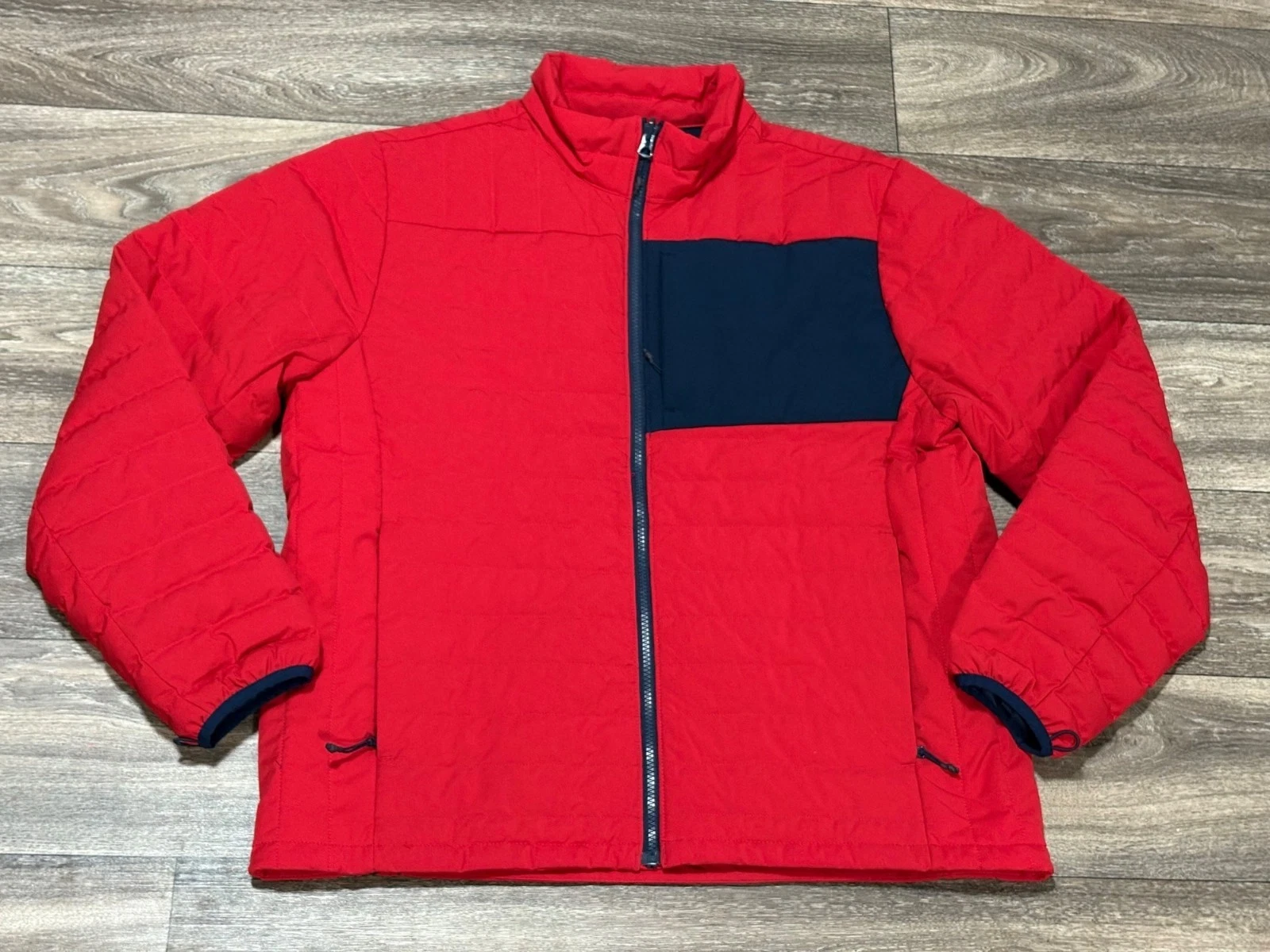Lands End Red Quilted Puffer Jacket Mens Large Navy Accents Full Zip Lightweight