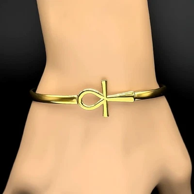 Ancien bracelet manchette égyptien Ankh en acier inoxydable clé de vie... - Photo 1/4