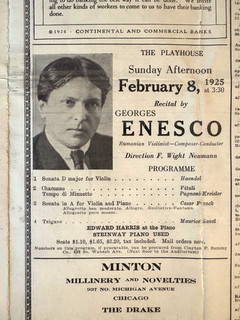 FRITZ KREISLER violinist GEORGES ENESCO program 1925 BACHAUS SUNDELIUS Chicago