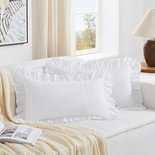 White Lumbar Pillow Covers 12x20 Inch Set of 2, Microfiber Ruffled Pillow Shams,