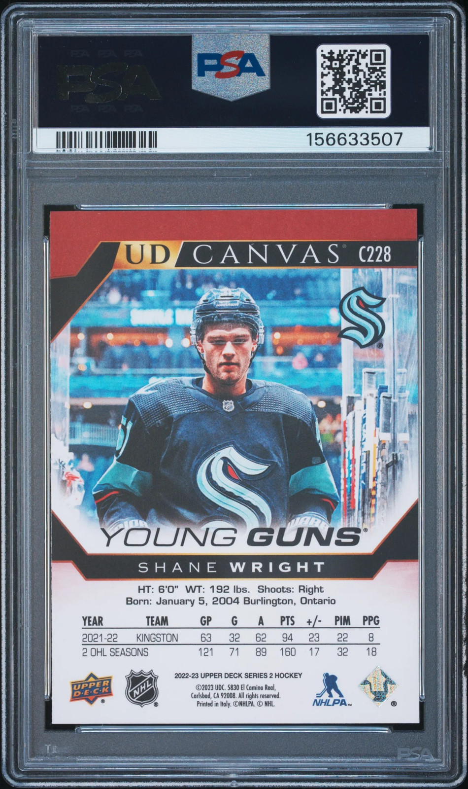 2022-23 Upper Deck UD Canvas Shane Wright #C228 Young Guns Rookie PSA 10 view 2