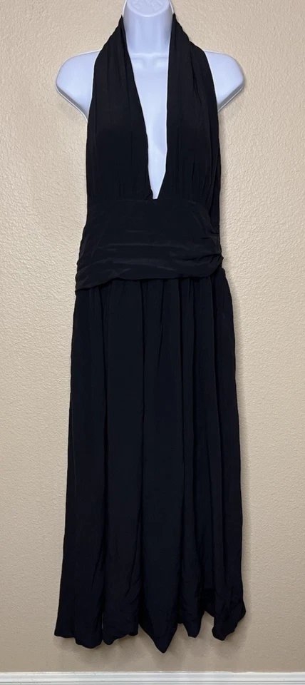 CHLOE Negro 100% Seda Crepé Mono Vestido Halter Espalda Abierta Escote Profundo 40 Foto 2 de 4