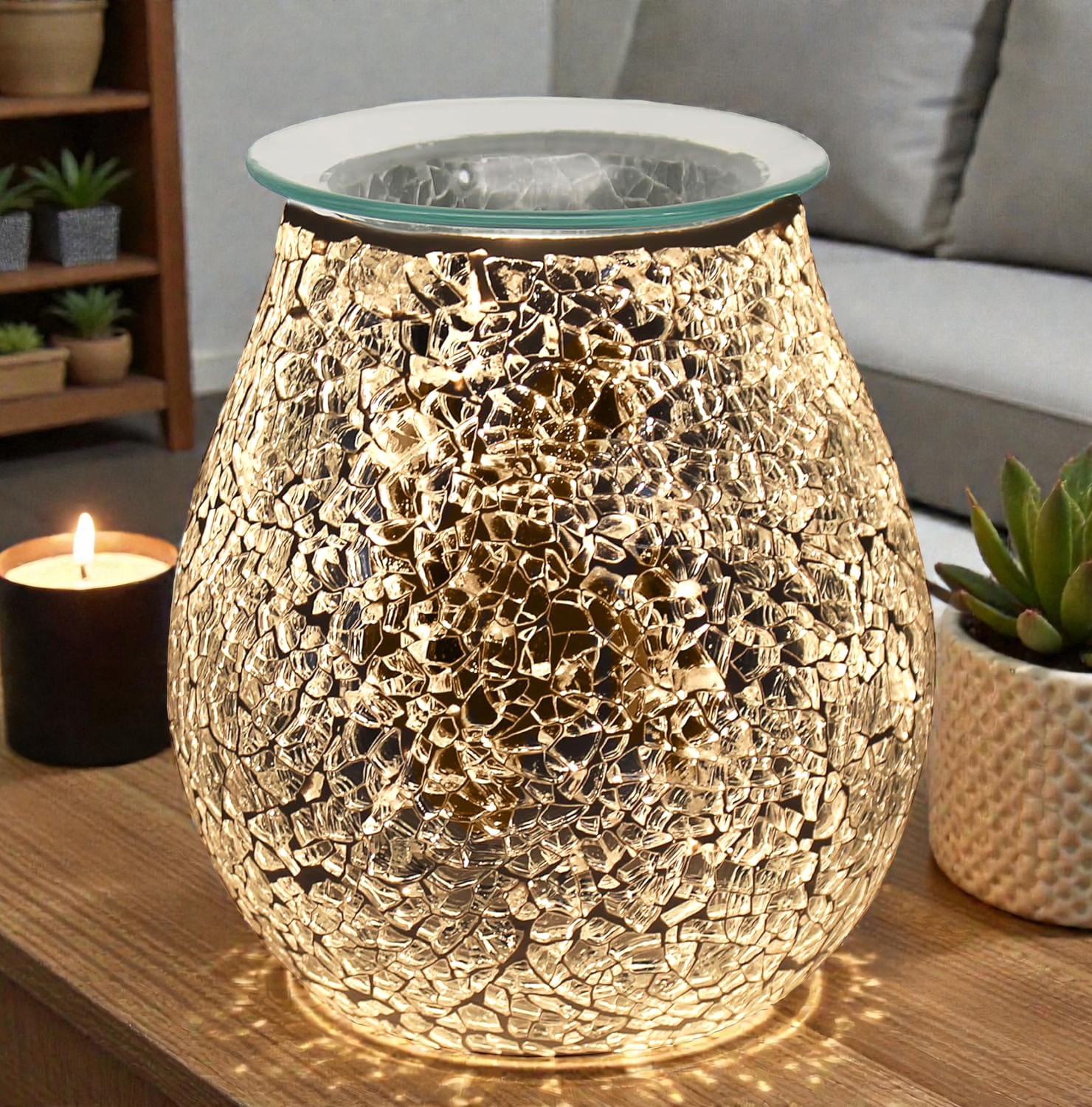 Electric Wax Melt Warmer Oil Burner Aroma Fragrance Diffuser Lamp Silver Mosaic