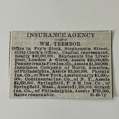 Insurance Agency of Wm. Trembor Fry's Block 1876 Freeport IL Clipping SAJ2-S81