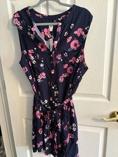 Gap Women's Sleeveless Blue Floral Button Up Dress XXL Cotton Rayon Tie Waist