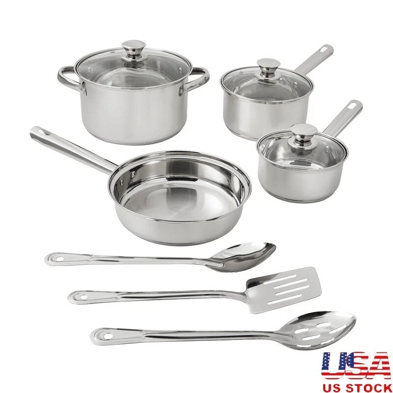 Stainless Steel 10Pc Cookware Set Induction Dishwasher Safe Kitchen Essentials