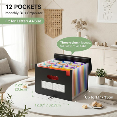 Expanding File Folder 12 Pockets Accordion File Organizer | Portable A4/Letter S