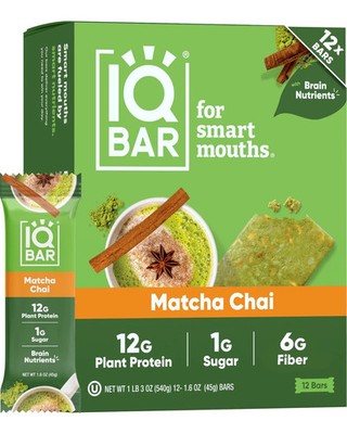 IQBAR Plant Protein Bar, Matcha Chai, 12 Bars, 1.6 oz (45 g) Each