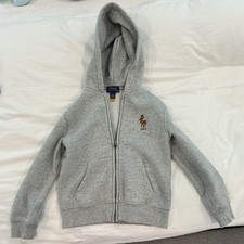 Polo Ralph Lauren Boys Size 5 Gray Fleece Full Zip Polo Bear Hoodie Pockets