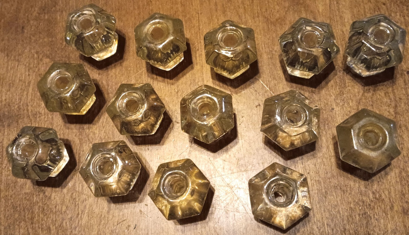 Lot of 14 Antique Vintage Glass Knobs for Drawers Hex (6