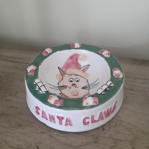 Vtg Christmas Cat Food Bowl 1995 " Santa claws" Out of Noware 5.5"