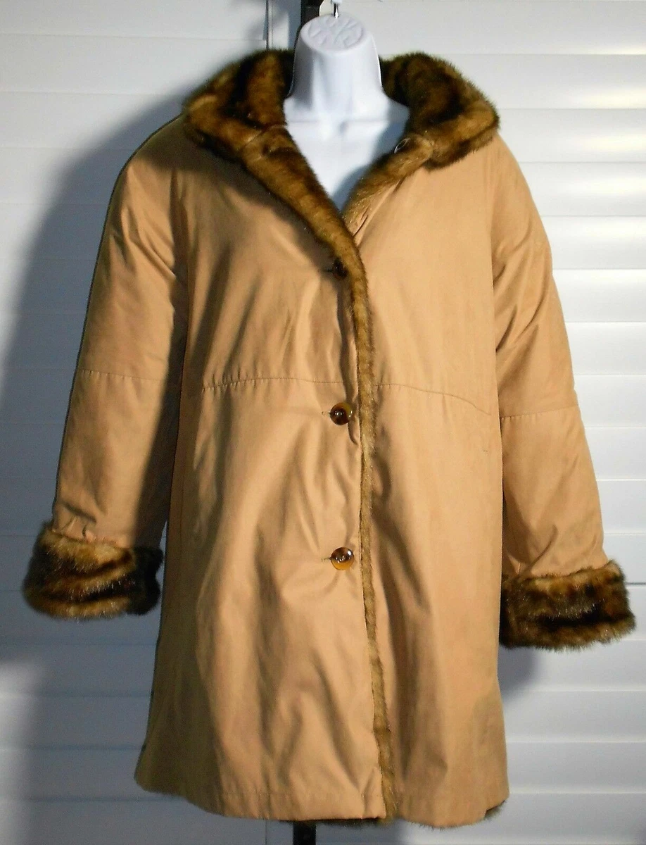 Jones New York Reversible Faux Fur Brown Tan Inside Long Coat Sz M