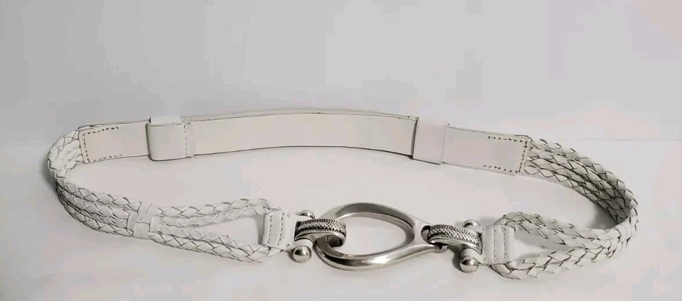 Белый плетеный кожаный ремень серебристого тона с гравировкой крюк пряжка 34 дюйма длина 1 дюйм ширина - Изображение 3 из 4