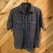 Plains Western Wear Pearl Snap Shirt Men  s Short Sleeve Plaid Blue Cowboy M