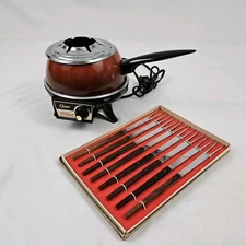 MCM Burnt Orange Oster Fondue Pot w/ Burner and Fork Set Electric Vintage
