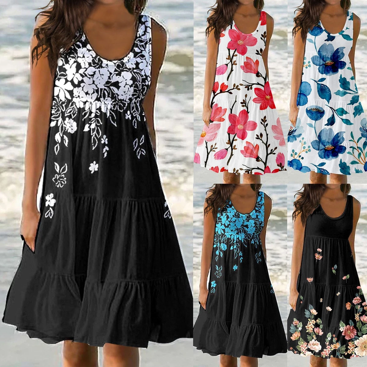 Women Casual Summer Dress Round Neck Sleeveless Summer Dresses for Teen Girls