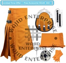 Scottish Handmade Saffron Tartan 8 Yard KILT - 6 PCS Kilt Sporran Deal for Men's