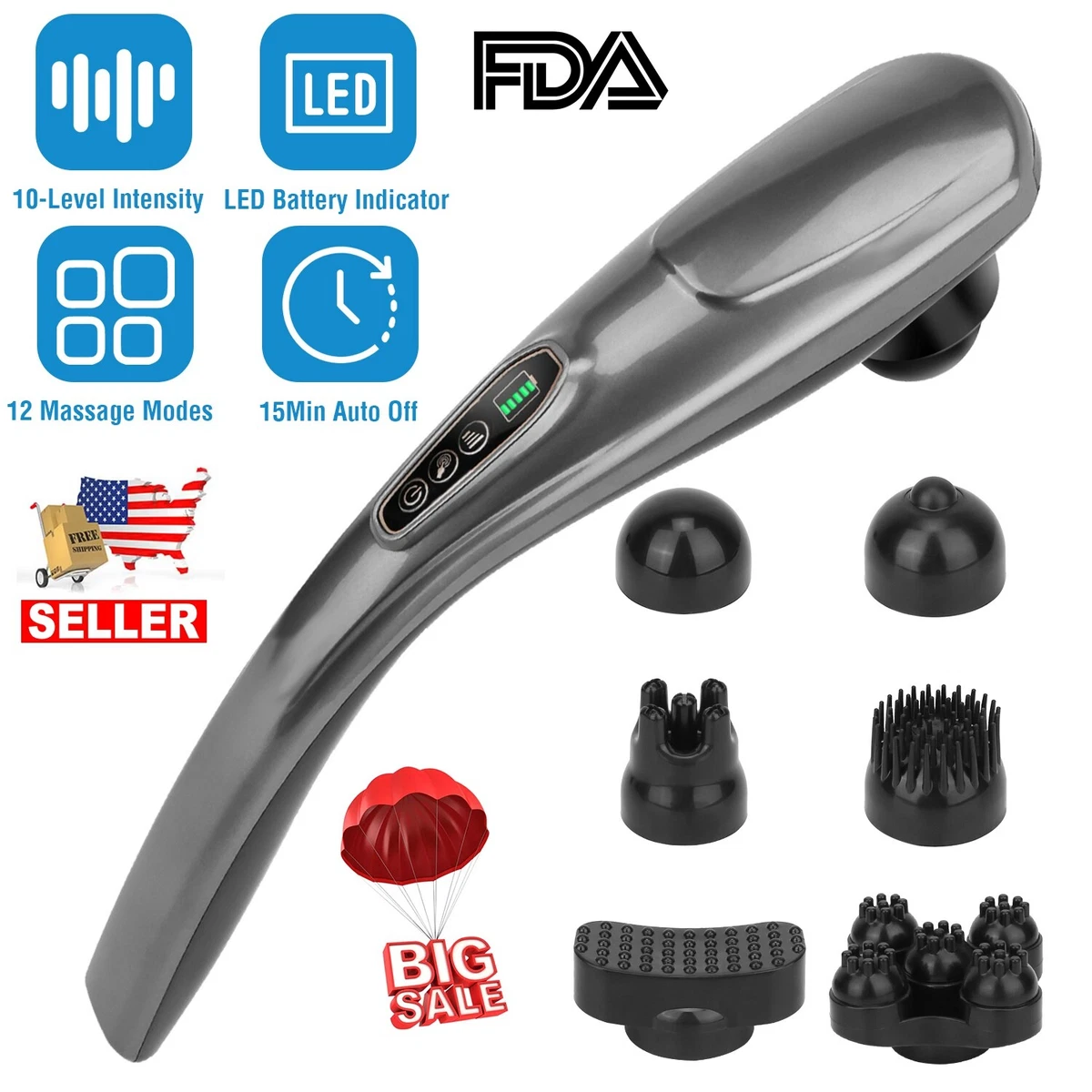 Rechargeable Hand Held Deep Tissue Massager Cordless for Muscles Back Full  Body