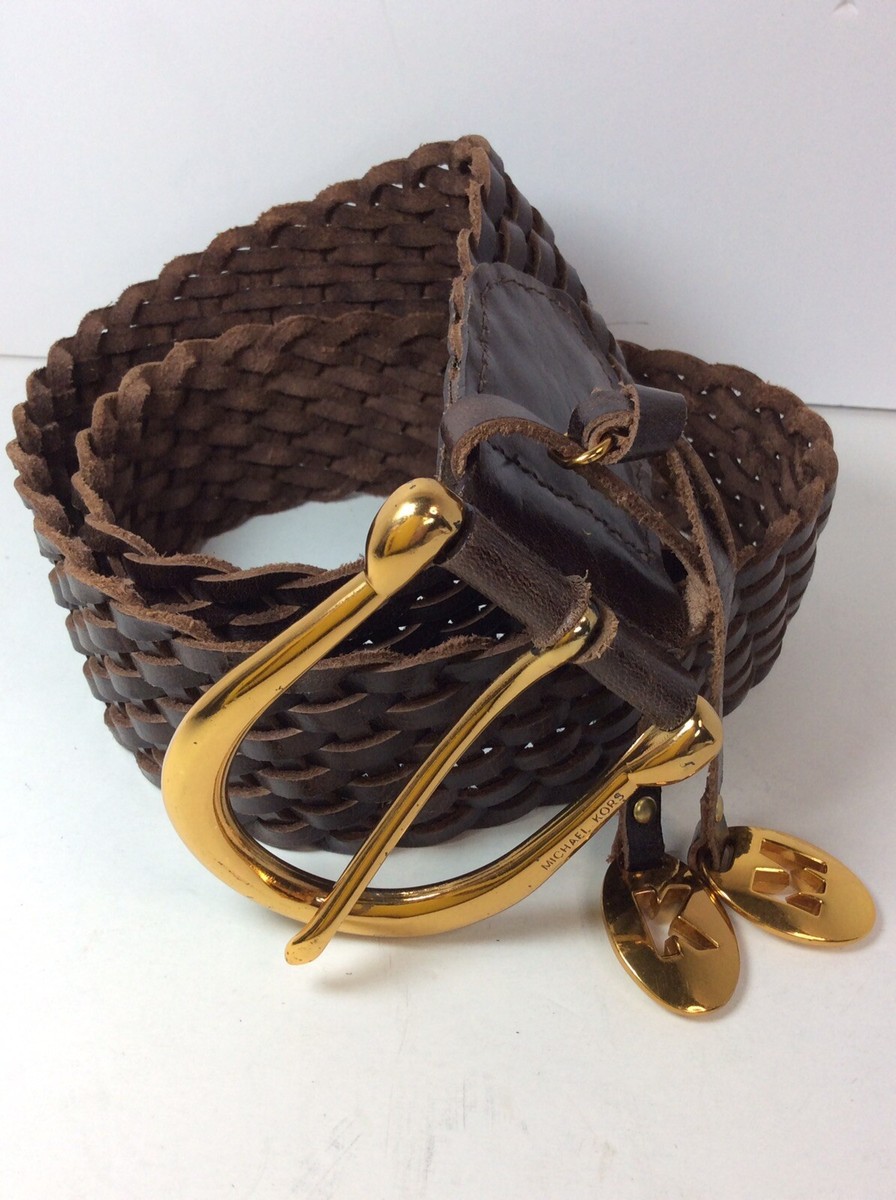 Michael Kors 553633 Brown Leather Braided Belt Gold Buckle  display picture 2