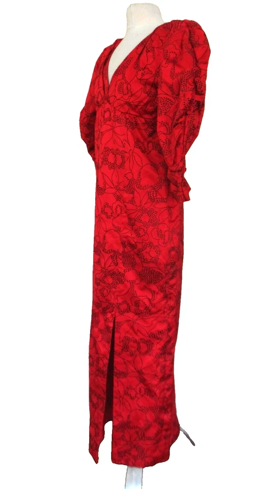 Maxi vestido de noche vintage Pauline Trigere mediano para mujer rojo satinado flocado Foto 3 de 4