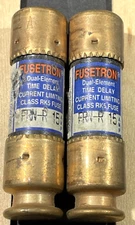 2- Buss Fusetron FRN-R-15 Fuses, 15 Amp, FRN R 15, 250VAC, Type D, Tested