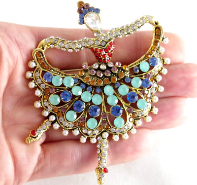 BIG 3'' NWOT DESIGNER STYLE BALLERINA BALLET DANCER RHINESTONE PEARL BROOCH PIN