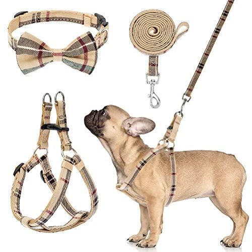 Dog Harness with Leash and Bow Tie Collaret - Plaid Puppy Harness, S Beige
