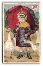 1870s-80s James Card Pearline Trade Victorian Pyles Soap Girl & Umbrella Geese
