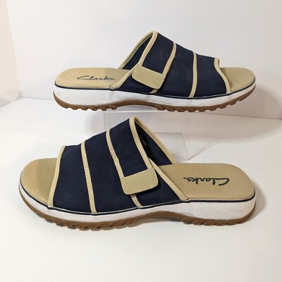 Clarks Sz 9 M Slip On Sandals Slides Blue Tan Canvas 36124 Hook