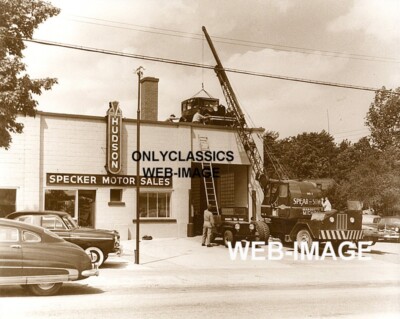 1955 HUDSON AUTO DEALER NEW & USED CAR SALES 8X10 PHOTO WILLYS JEEP CRANE TRUCK
