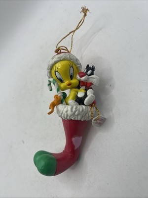 VTG Warner Bros Looney Tunes Tweety Bird and Sylvester in a Stocking Ornament