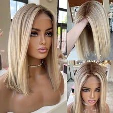 13x4 Short Bob Lace Front Wigs Glueless Brown Roots Ombre Blonde Straight Hair
