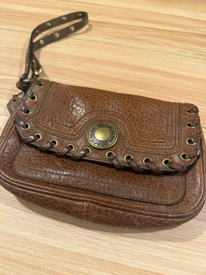 Coach Chelsea Pebbled Studded Laced Tobacco Leather Capacity Bag Wristlet RARE - Image 2 of 4
